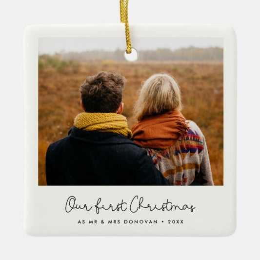 Cute Our First Christmas as Mr and Mrs photo Ceramic Ornament
