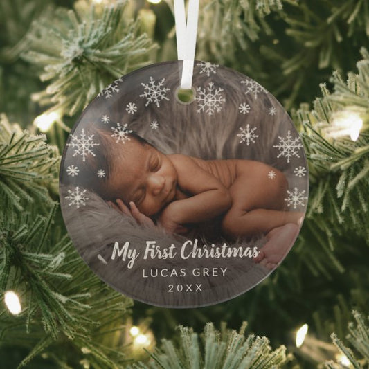 Cute Photo Snowflakes Baby First Christmas Glass Ornament