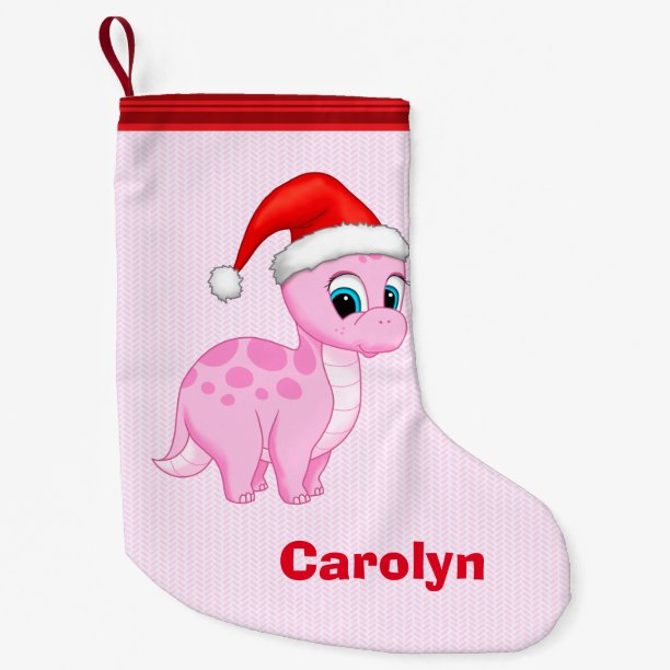 Cute Pink Baby Dinosaur with Santa Hat Small Christmas Stocking