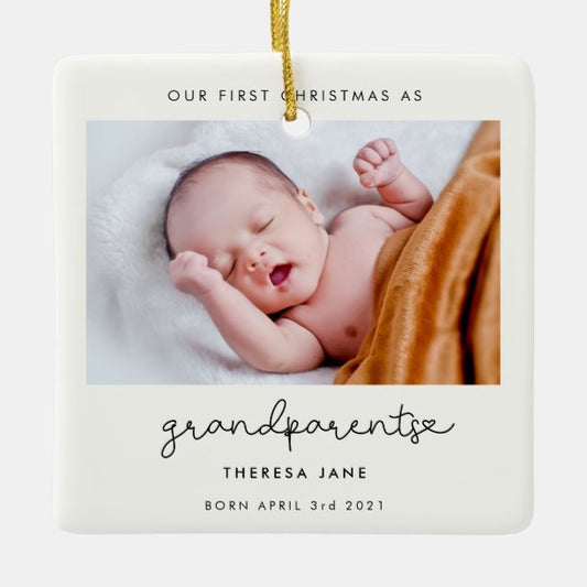 Cute script Our First Christmas as grandparents Ceramic Ornament