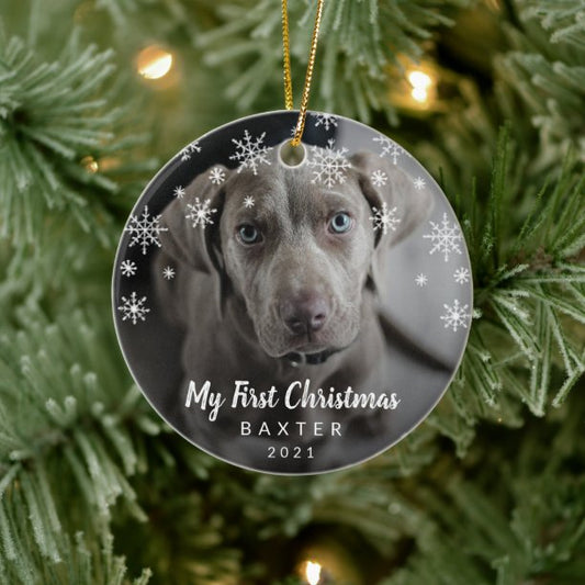 Cute Snowflakes Photo Dog My First Christmas Ceramic Ornament