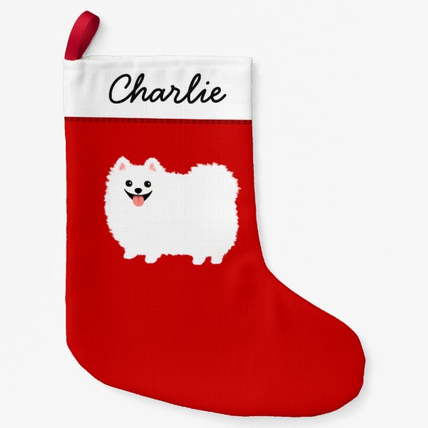Cute White Pomeranian Cartoon Dog Fluffy Pommie Small Christmas Stocking