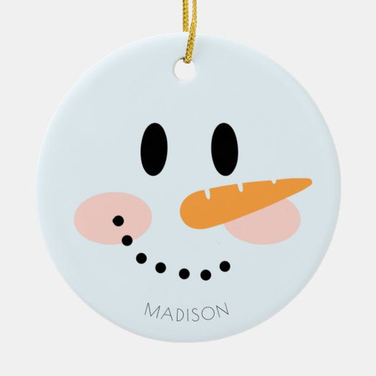Cute Winter Personalized Snowman Face Christmas Ceramic Ornament