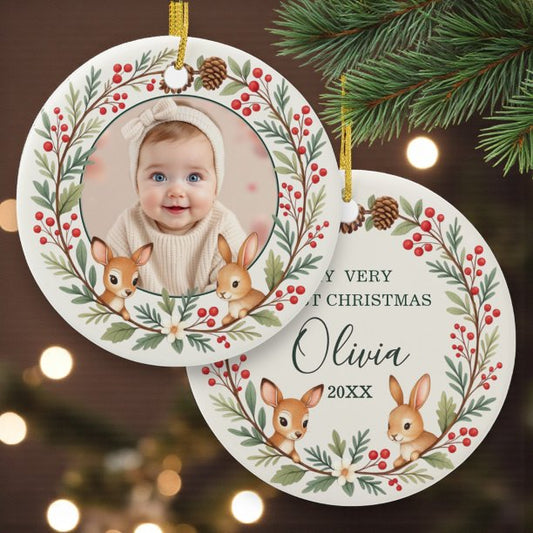 Cute Woodland Baby First Christmas Keepsake Ceramic Ornament