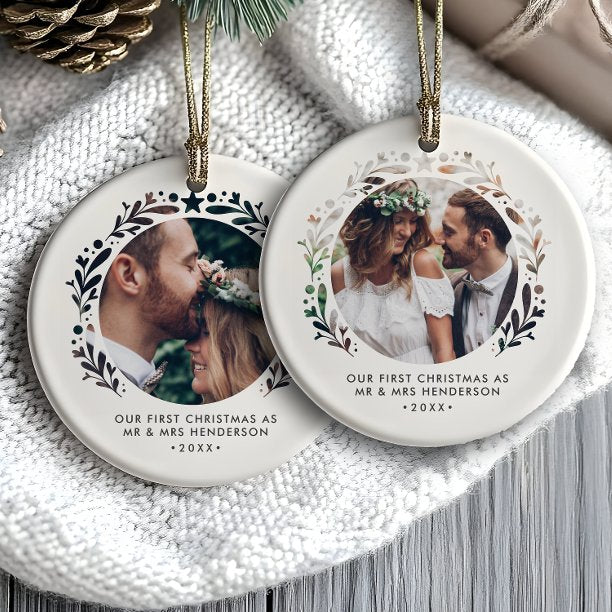 Cutout Framed 2-Photo First Christmas As Mr & Mrs Ceramic Ornament