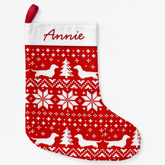 Dachshund Silhouettes Pattern Red and White Cute Small Christmas Stocking