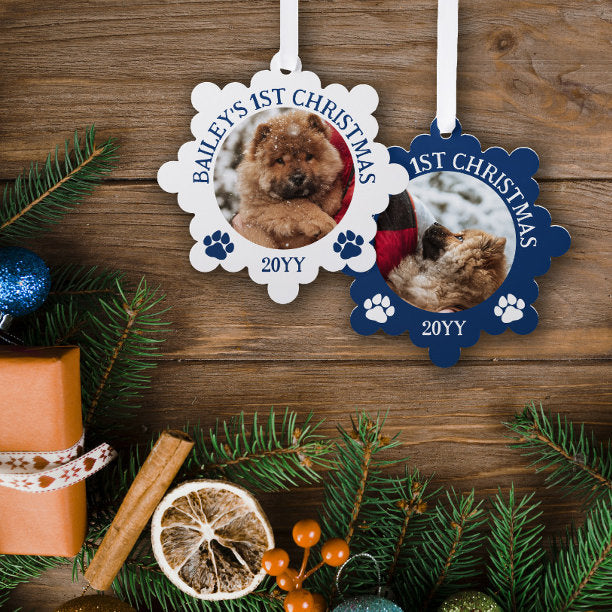 Dark Blue White Paw Prints Puppy's 1st Christmas Ornament Card