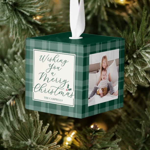 Dark Green Plaid Christmas Three Photo Cube Ornament