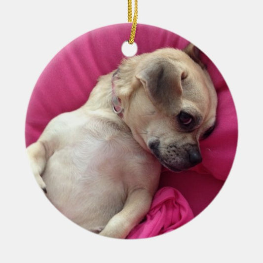 Darling Puppy Chug Dog Christmas Ornament Pink