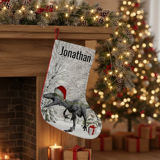 Dinosaur Santa Raptor Velociraptor Name Small Christmas Stocking