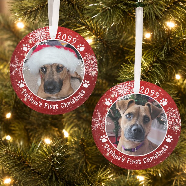 Dog Christmas Snowflakes 2 Photo Red White Ornament