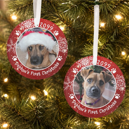 Dog Christmas Snowflakes 2 Photo Red White Ornament