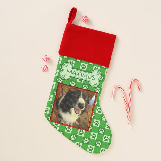 Dog Custom Photo Name Green Paw Print Gingham Bone Christmas Stocking