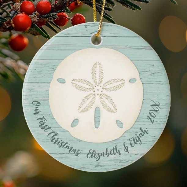 Elegant Beach Sand Dollar Photo First Christmas Ceramic Ornament