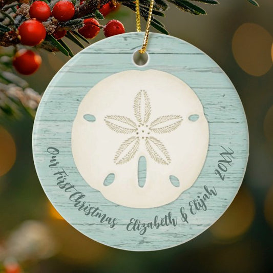 Elegant Beach Sand Dollar Photo First Christmas Ceramic Ornament
