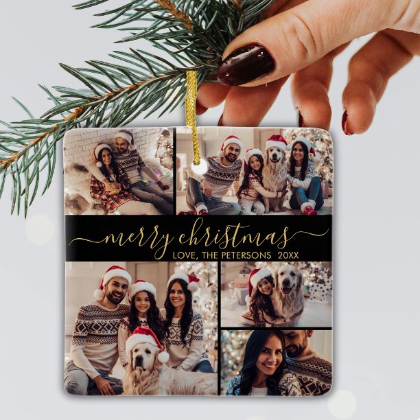 Elegant Black Gold 5 Photo Collage Christmas Ceramic Ornament