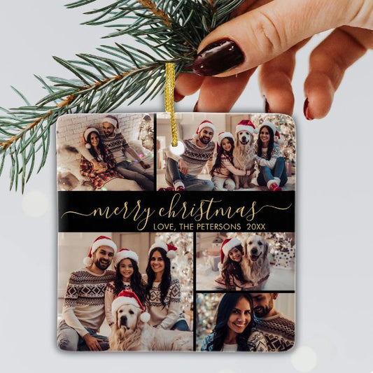 Elegant Black Gold 5 Photo Collage Christmas Ceramic Ornament