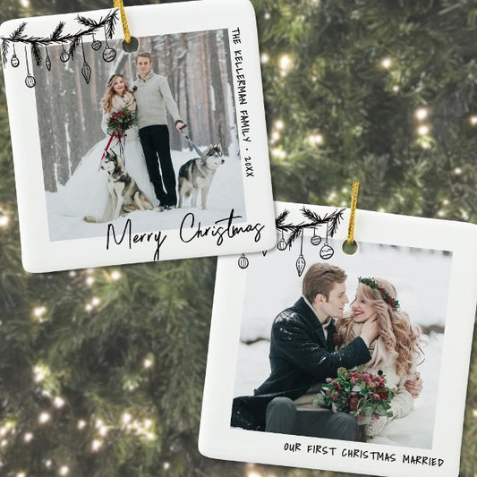 Elegant Black White First Christmas Photo Ceramic Ornament