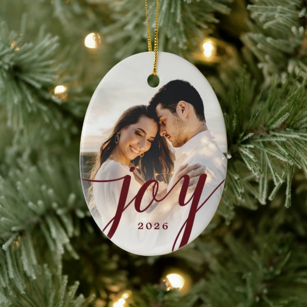 Elegant Burgundy Joy Script Photo Christmas Ceramic Ornament