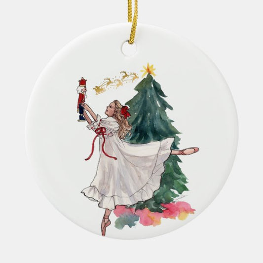 Elegant Christmas Ballet Girl with Nutcracker Ceramic Ornament