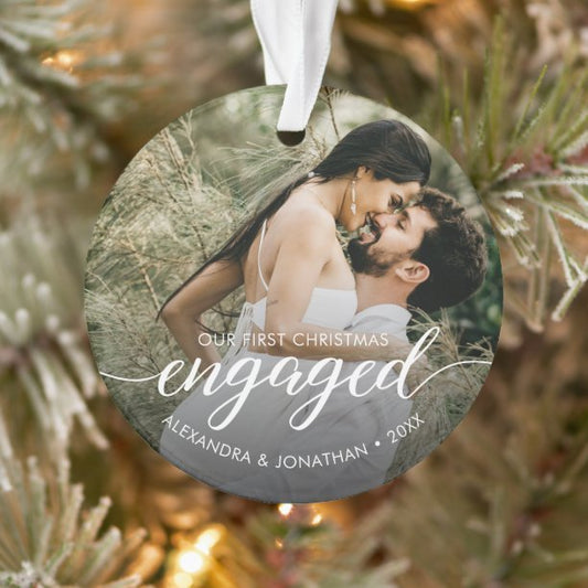 Elegant Engaged First Christmas Custom Photo Ornament