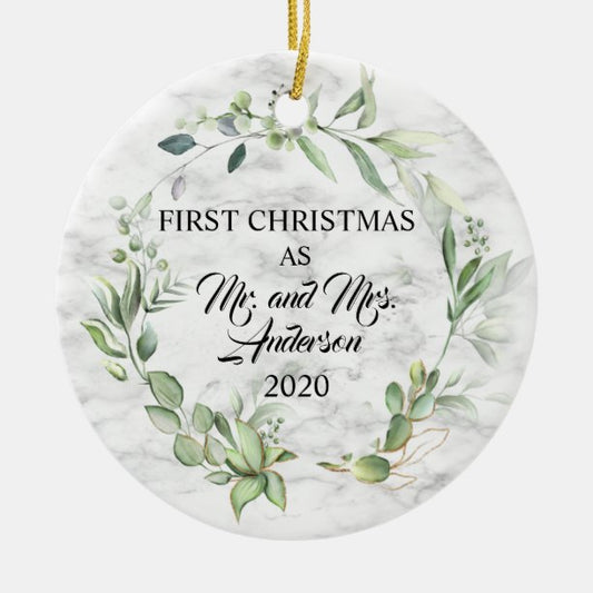 Elegant First Christmas Married Greenery Marble Ceramic Ornament
