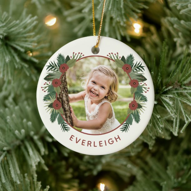 Elegant Floral Greenery Christmas 2 Photo Kids Ceramic Ornament