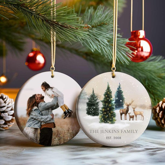 Elegant Forest Family Photo Christmas Ceramic Ornament