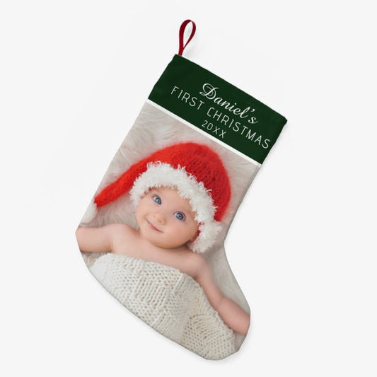 Elegant Green Baby Photo Custom Name Small Christmas Stocking