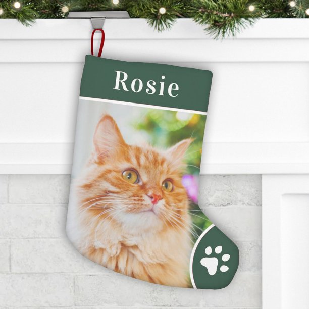 Elegant Green Cat Lover Photo and Name Gift Small Christmas Stocking