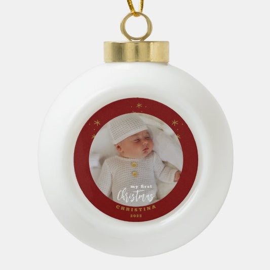 Elegant My First Christmas Baby's Photo Ceramic Ball Christmas Ornament