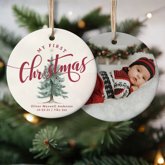 Elegant My First Christmas Tree Script Baby Photo Ceramic Ornament