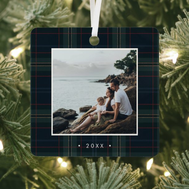 Elegant Navy Blue and Green Plaid Photo Christmas Metal Ornament
