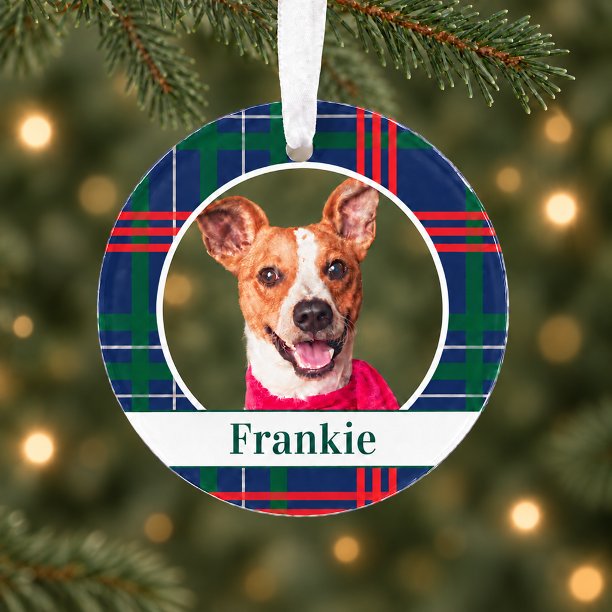 Elegant Navy Red Green Tartan Christmas Dog Photo Ornament