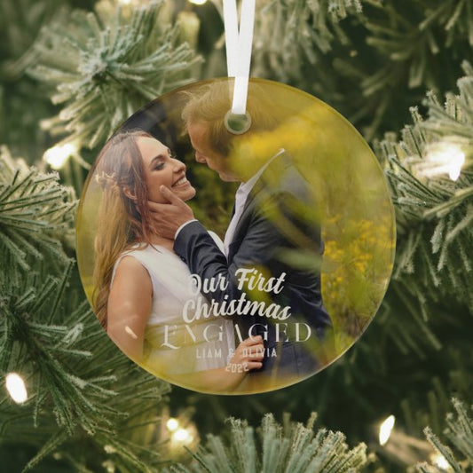 Elegant Our First Christmas Engaged Couple Photo Glass Ornament