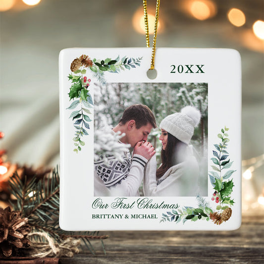 Elegant Watercolor Pine Couple First Christmas Ceramic Ornament