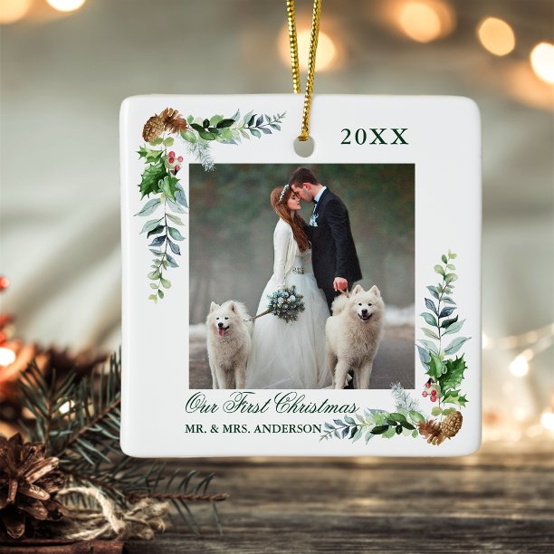 Elegant Watercolor Pine Wedding First Christmas Ceramic Ornament