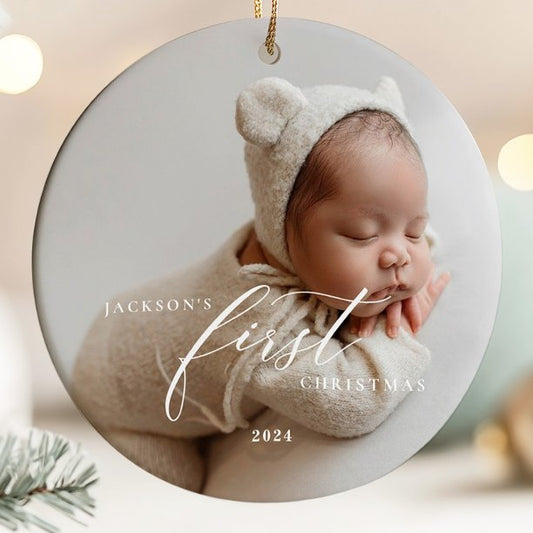 Elegant White Script Baby's First Christmas Photo Ceramic Ornament