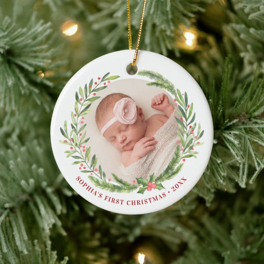 Elegant Wreath First Christmas Photo White Ceramic Ornament