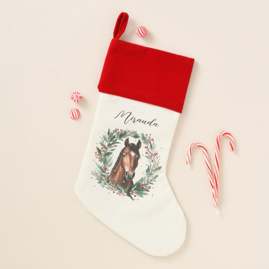 Equestrian Christmas Horse Wreath Calligraphy Name Stocking