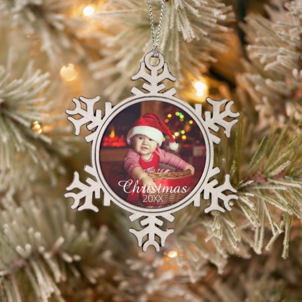 Family Portrait Custom Photo Print Snowflake Pewter Christmas Ornament