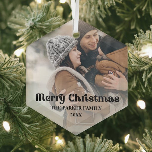 Fancy overlay vintage text Merry Christmas Glass Ornament