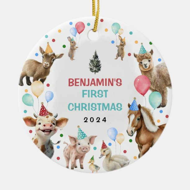 Farm Barnyard Animals Confetti Baby 1st Christmas Ceramic Ornament