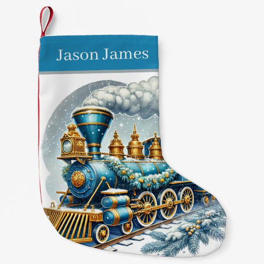 Festive Christmas train add name Small Christmas Stocking