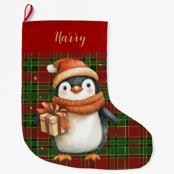Festive Classic Red Green Gold Tartan Penguin Large Christmas Stocking