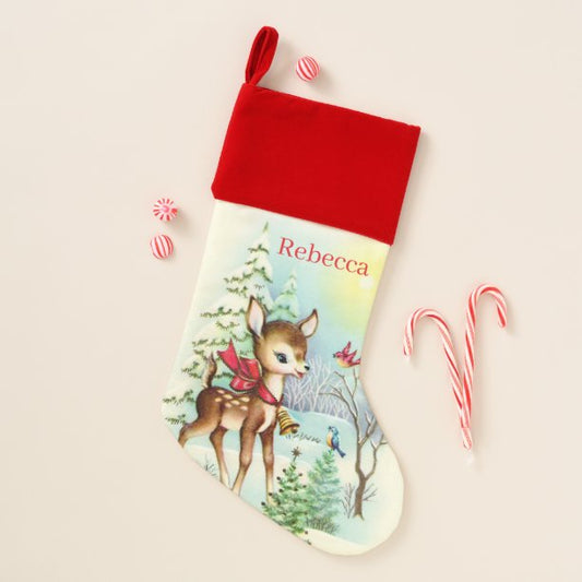 Festive vintage Christmas reindeer add name Stocking