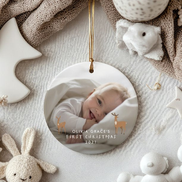 First Christmas 1 photo baby details deer Ceramic Ornament
