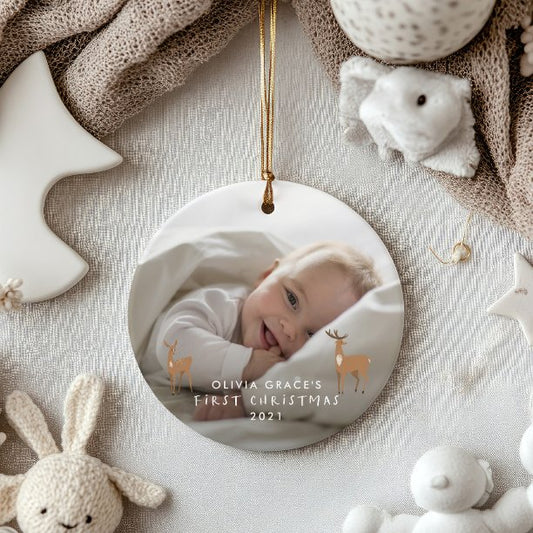 First Christmas 1 photo baby details deer Ceramic Ornament