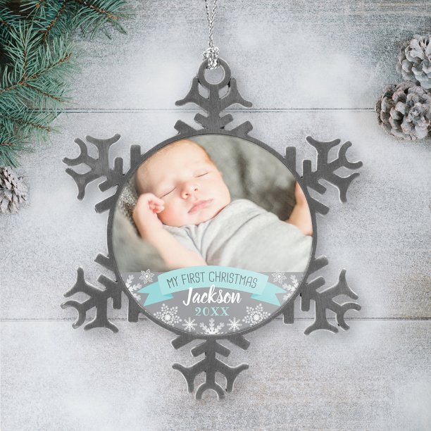 First Christmas Aqua Blue Baby Boy Photo Snowflake Pewter Christmas Ornament