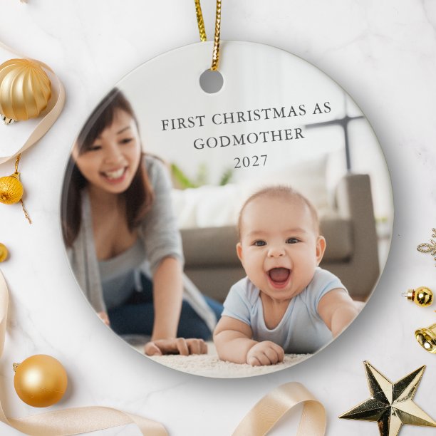 First Christmas As Godmother Personalized Photo Ceramic Ornament